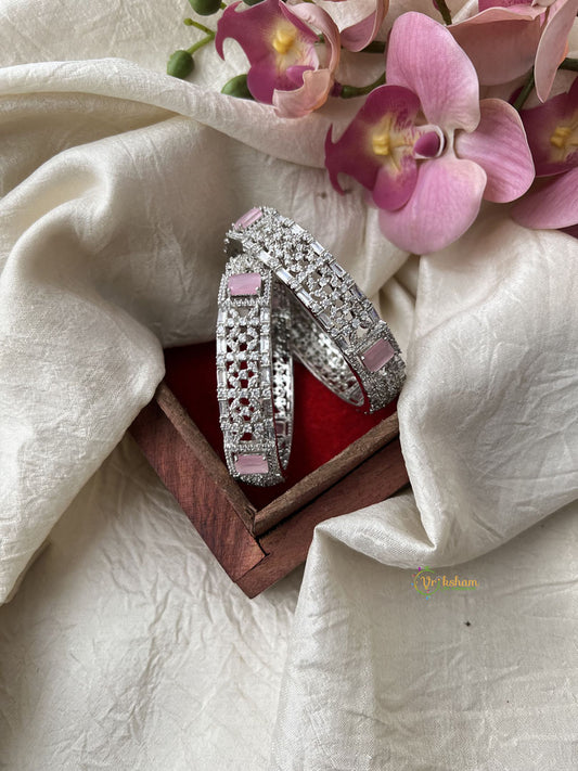 Premium White Silver Tone American Diamond Pastel Pink Bridal Bangle - G11965