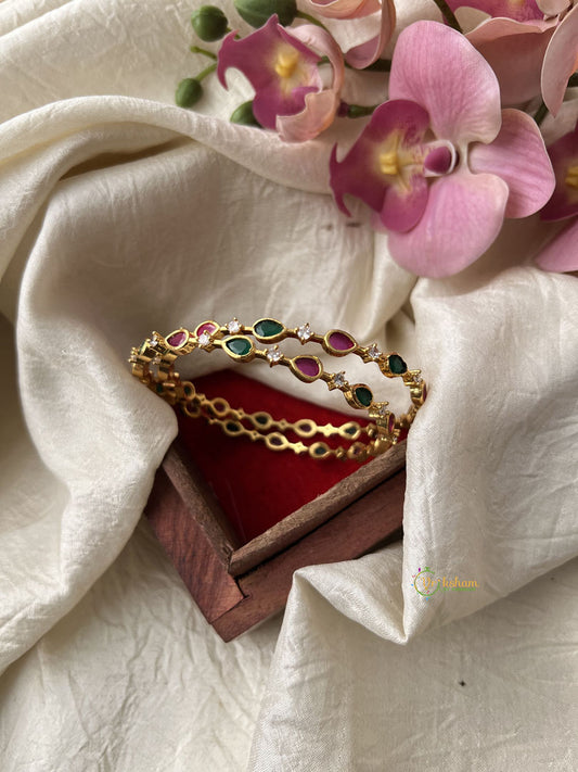 Gold Look Alike AD Stone Bangle Set -White Green Red - Petals and Dots - G11940