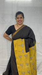 Vriksham Black With Mustered Yellow Maheshwari Cotton Silk Saree-Handloom-VS4931