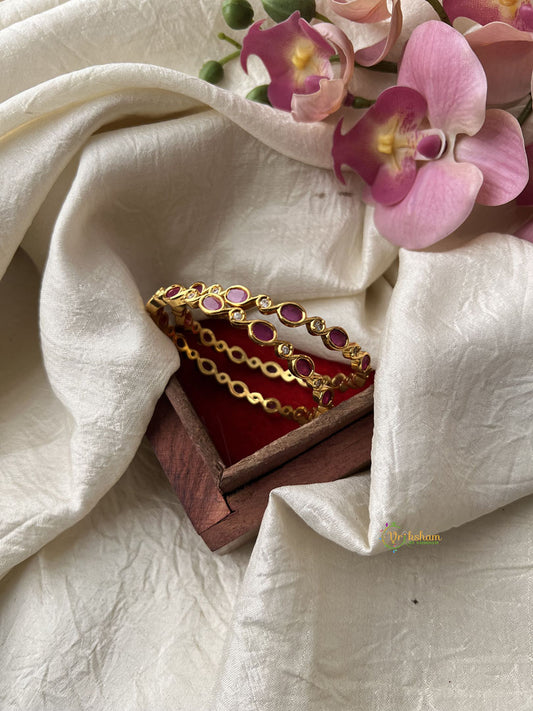 Premium Gold Look Alike AD Stone Bangle Set -White Red -Petals and Dots - G11945