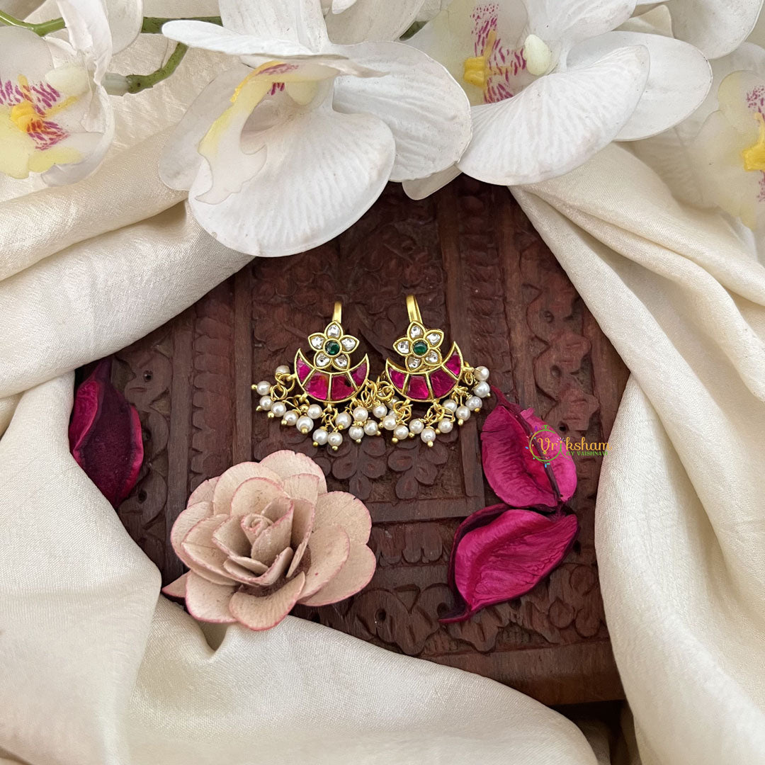 Vriksham Half Moon With Floral Style Kundan Jadau Press Bugadi-Red Green & White-Pearl-J3517