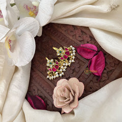 Vriksham Half Moon With Floral Style Kundan Jadau Press Bugadi-Red Green & White-Pearl-J3517