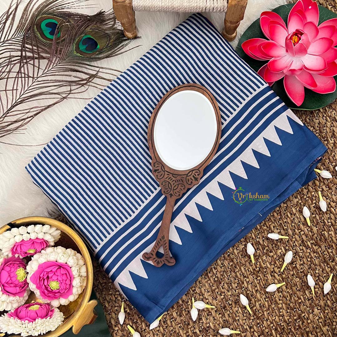 Vriksham Blue Striped Print Ajrakh Modal Silk Saree-VS4657