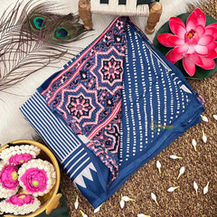 Vriksham Blue Striped Print Ajrakh Modal Silk Saree-VS4657