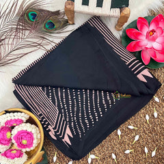 Vriksham Black With Golden Pink  Striped Print Ajrakh Modal Silk Saree-VS4666