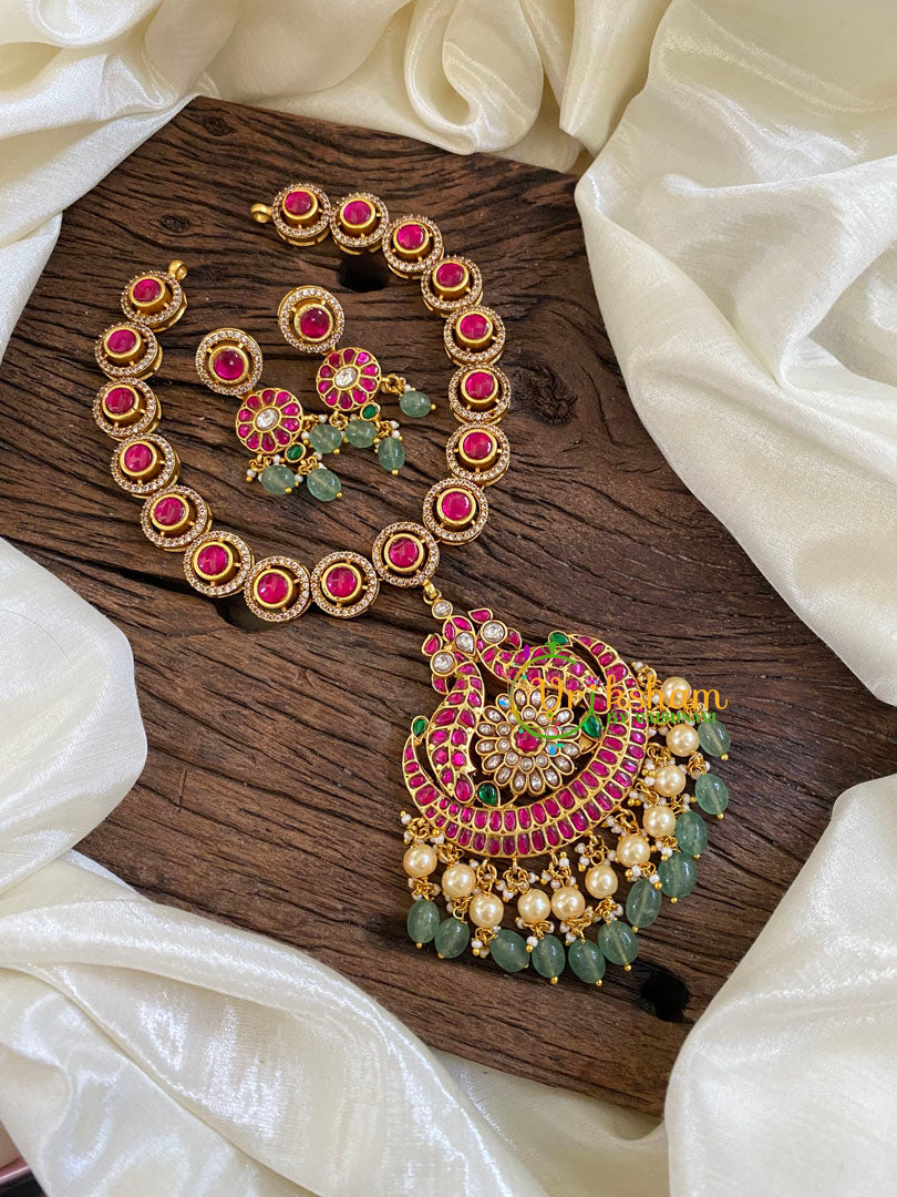 Precious Jadau Kundan Short Neckpiece-Pastel Green Beads -J1625