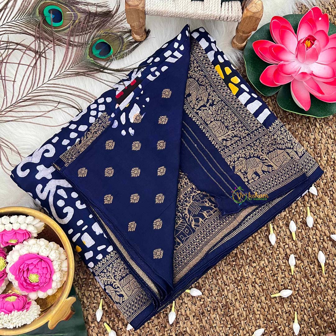 Vriksham Navy Blue Bandhani Print Ajrakh Dola Silk Saree-VS4375