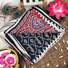 Vriksham Cream With Black Striped Print Ajrakh Modal Silk Saree-VS4663