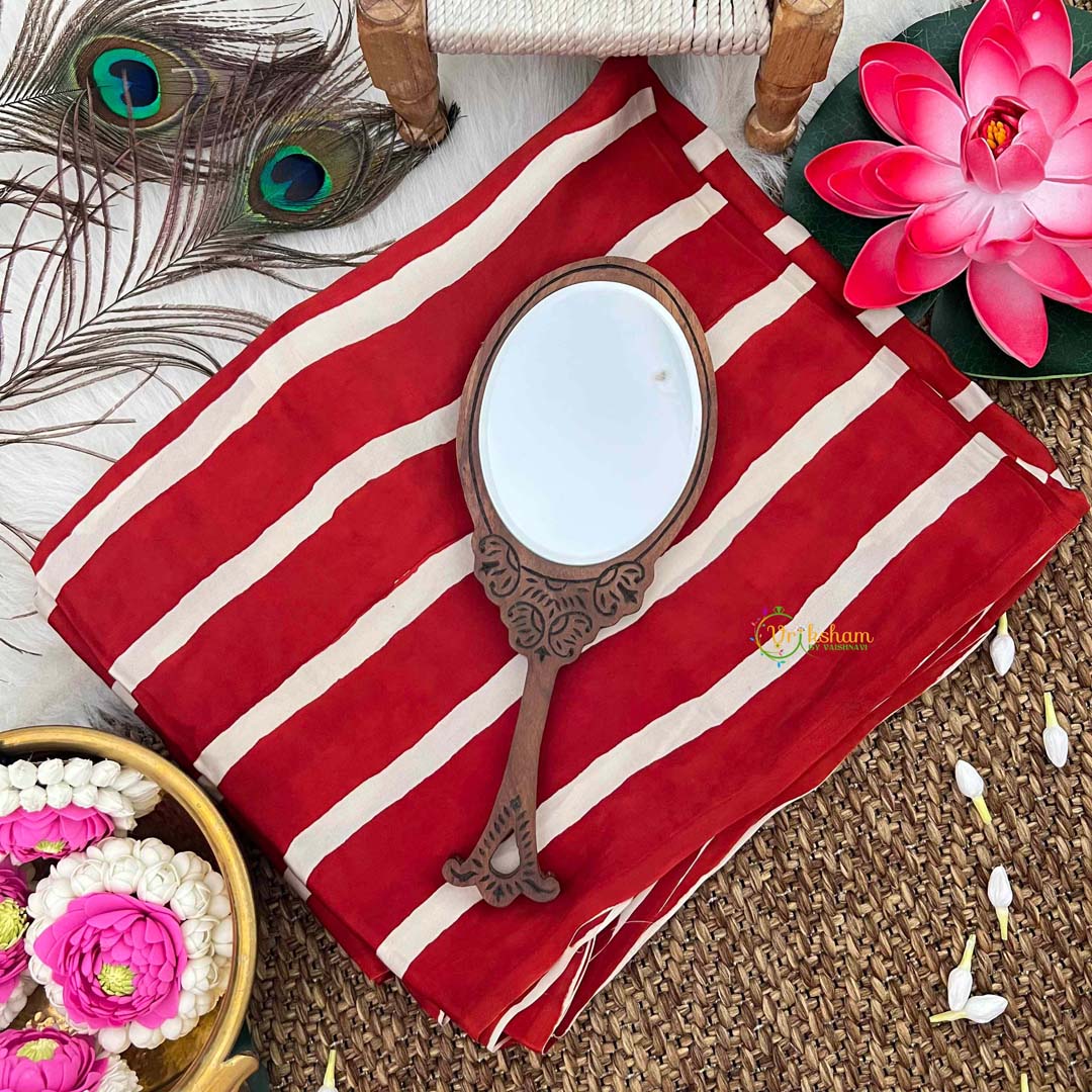 Vriksham Radish Red With Off White Striped Print Ajrakh Modal Silk Saree-VS4667