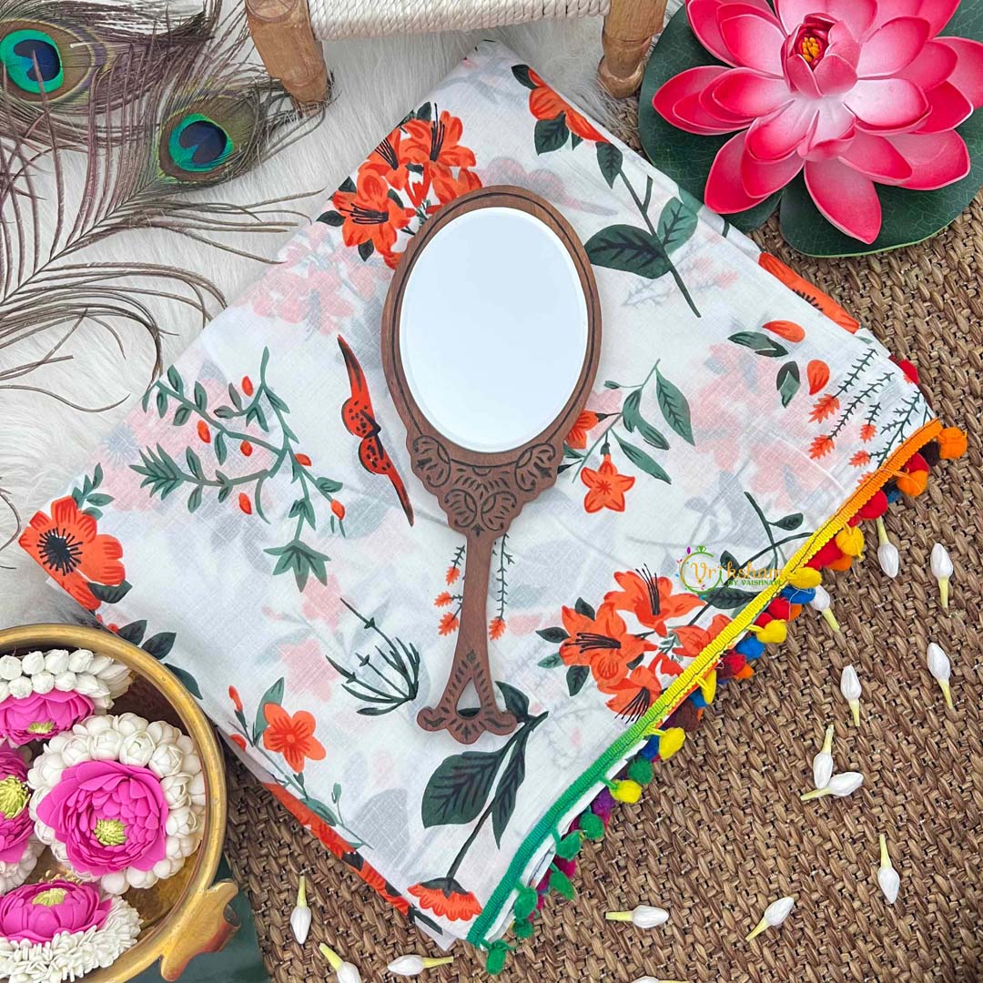 Vriksham Ink Blue Cotton Mulmul Saree with Pom Pom Lace Saree-VS5016