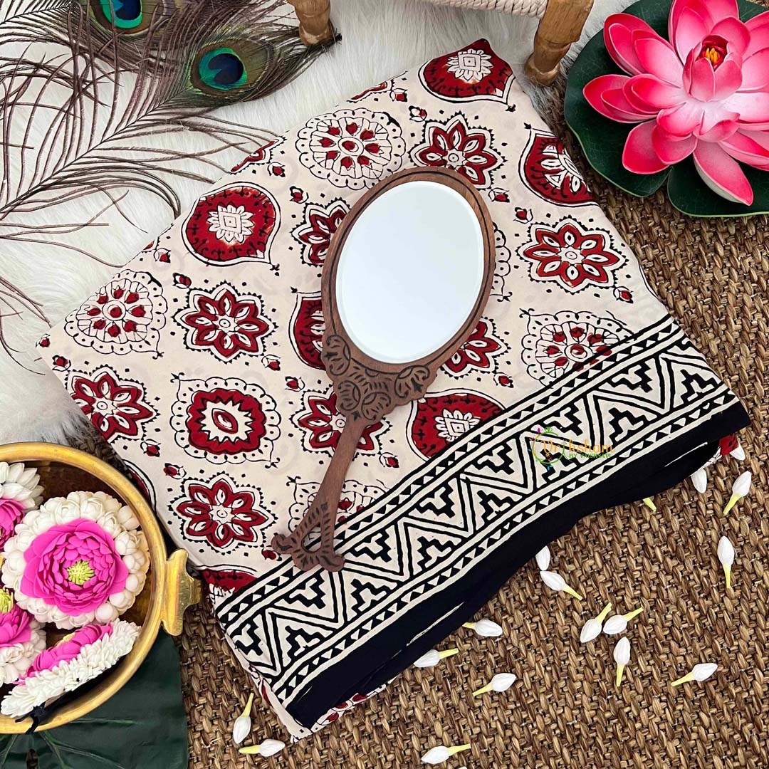 Vriksham Off White With Red Floral Striped Print Ajrakh Modal Silk Saree-VS4669