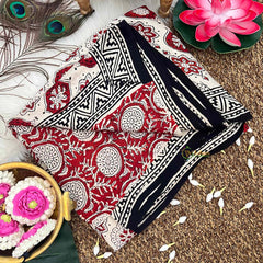 Vriksham Off White With Red Floral Striped Print Ajrakh Modal Silk Saree-VS4669