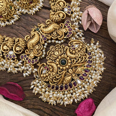 Premium Gold Look Alike Peacock Neckpiece-Rice Pearl-G15241