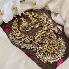 Premium Gold Look Alike Peacock Neckpiece-Rice Pearl-G15241