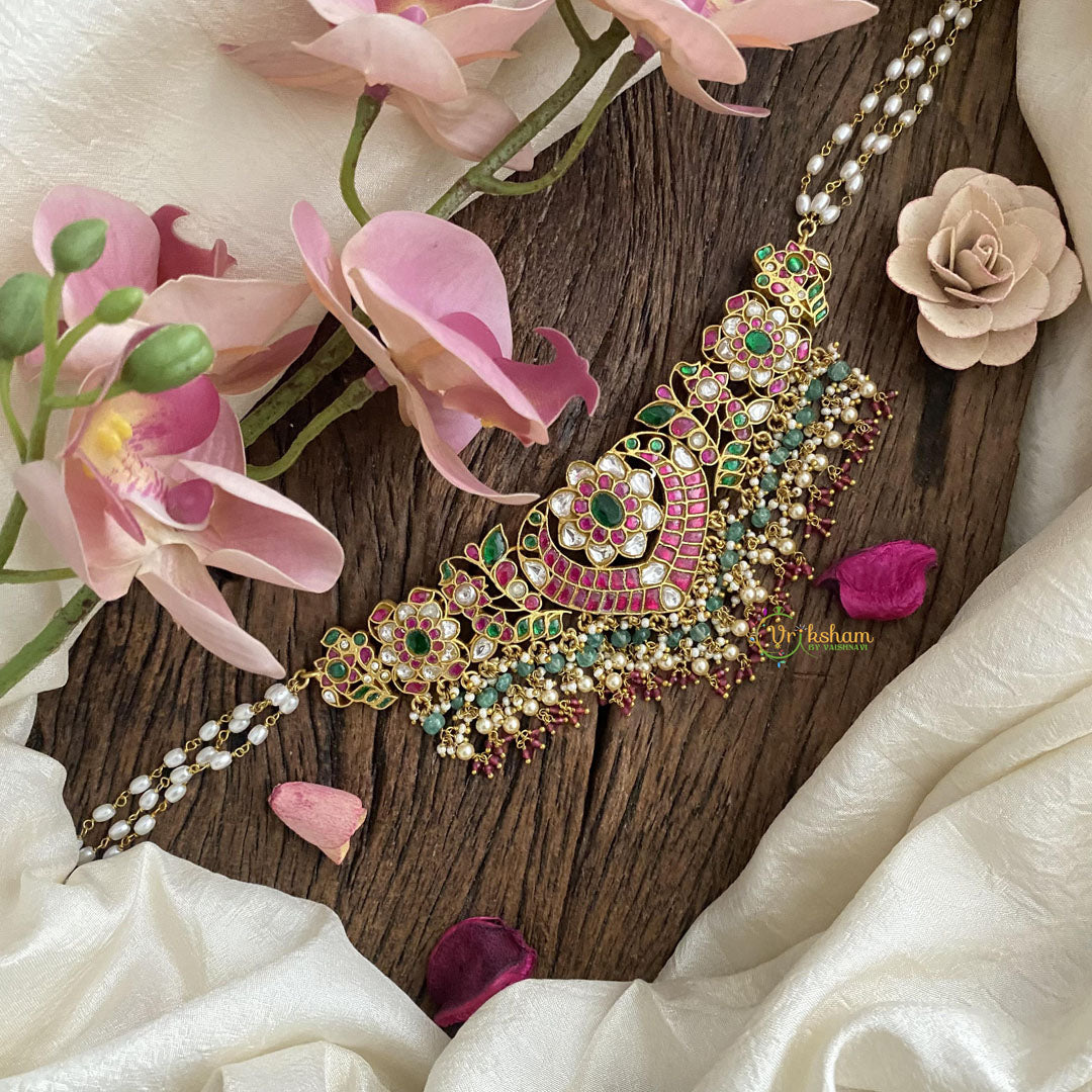 Layered Pearl Jadau Kundan High Neck Choker -J1811