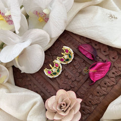 Vriksham Chand Bali With Pearl Kundan Jadau Press Bugadi-Red Green & White-J3529