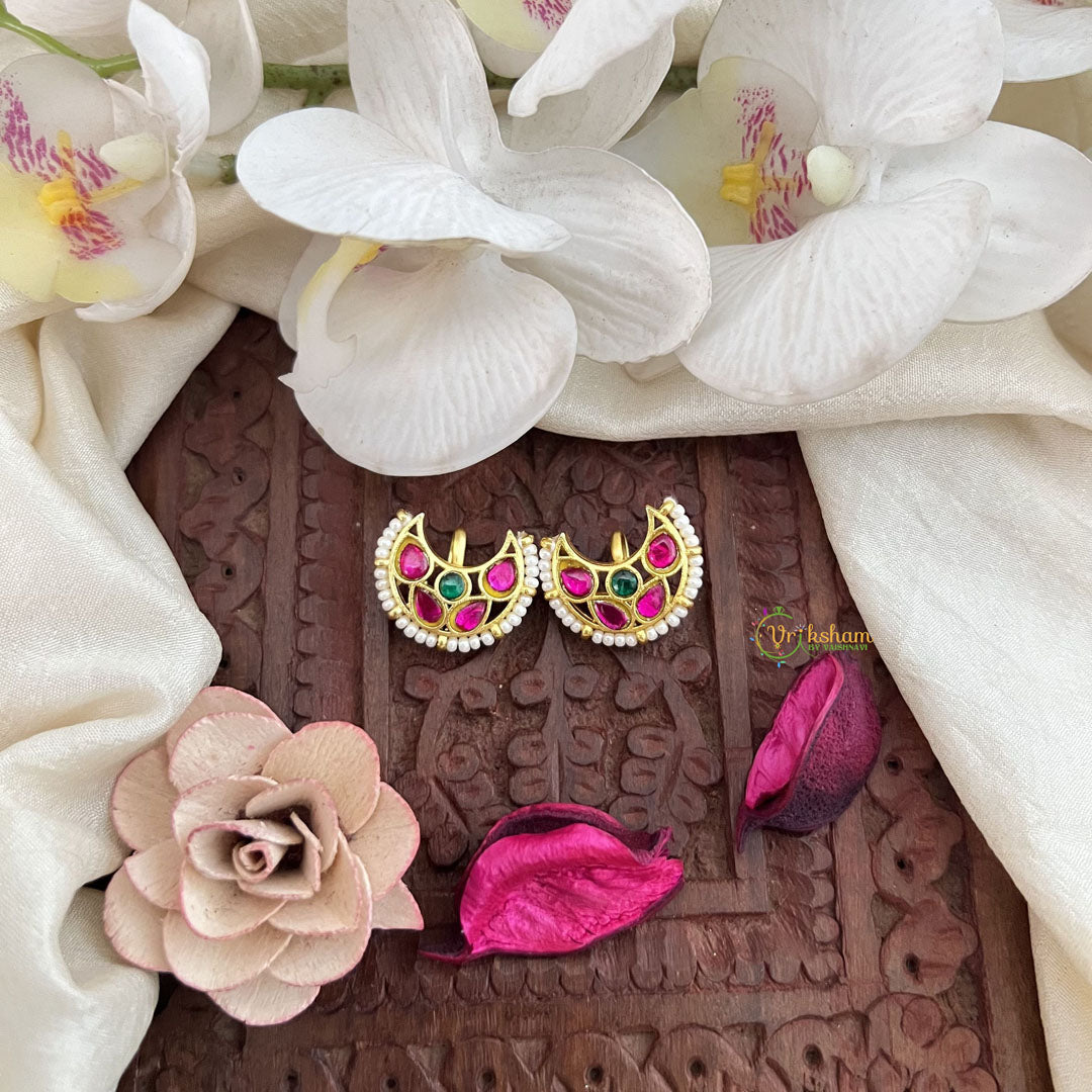 Vriksham Chand Bali With Pearl Kundan Jadau Press Bugadi-Red Green-J3530