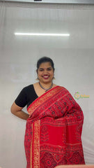 Vriksham Red Plain With Printed Border Ajrakh Modal Silk Saree-VS4662