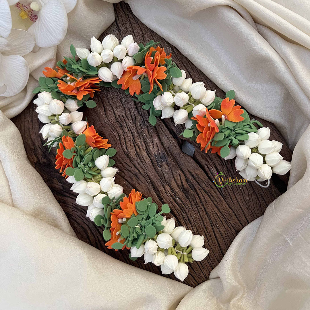 Vriksham White Jasmin Floral Buds Gajra Bun Flower Accessories-Orange & Green-KH1257