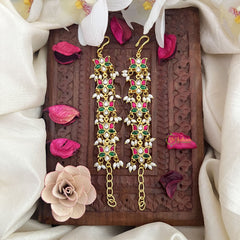 Vriksham Elegant Lotus Kundan Jadau Single Strand Maatil-Red Green & White-Rice Pearls-J3246