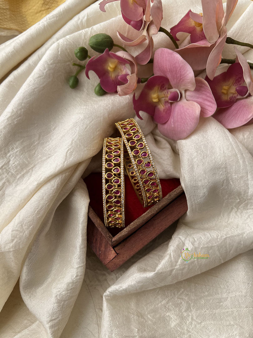 Premium Gold Look Alike AD Stone Bangle Set - Red - G11795