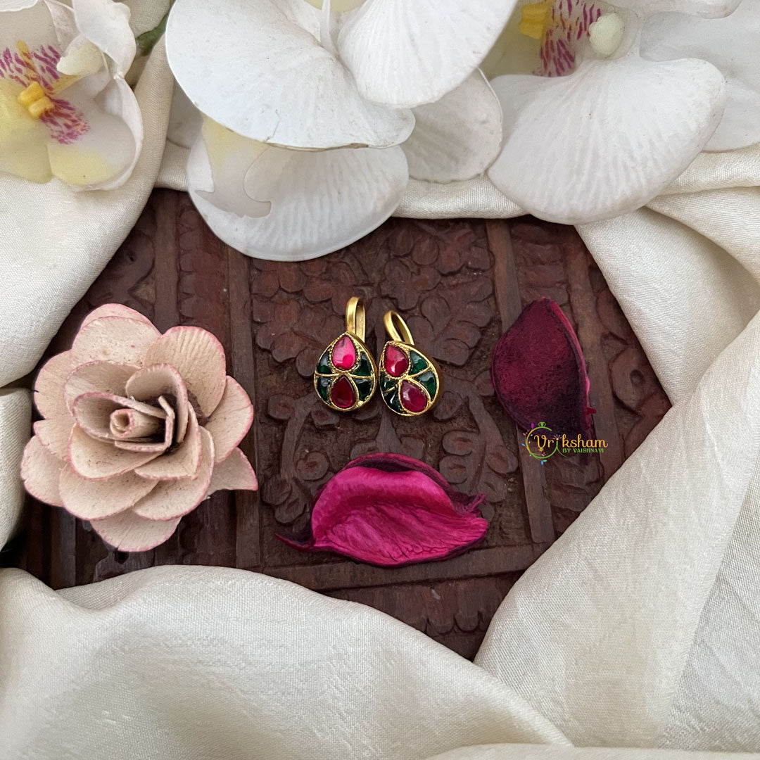 Vriksham Designer Pear Drop Jadau Press Bugadi-Red Green-Pearl-J3572