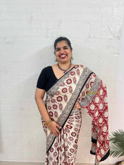 Vriksham Off White With Red Floral Striped Print Ajrakh Modal Silk Saree-VS4669