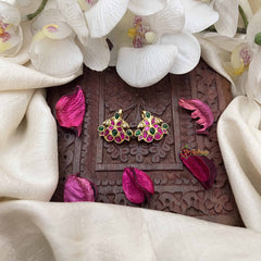 Vriksham Dual Peacock Style Kundan Jadau Press Bugadi-Red White & Green-J3954