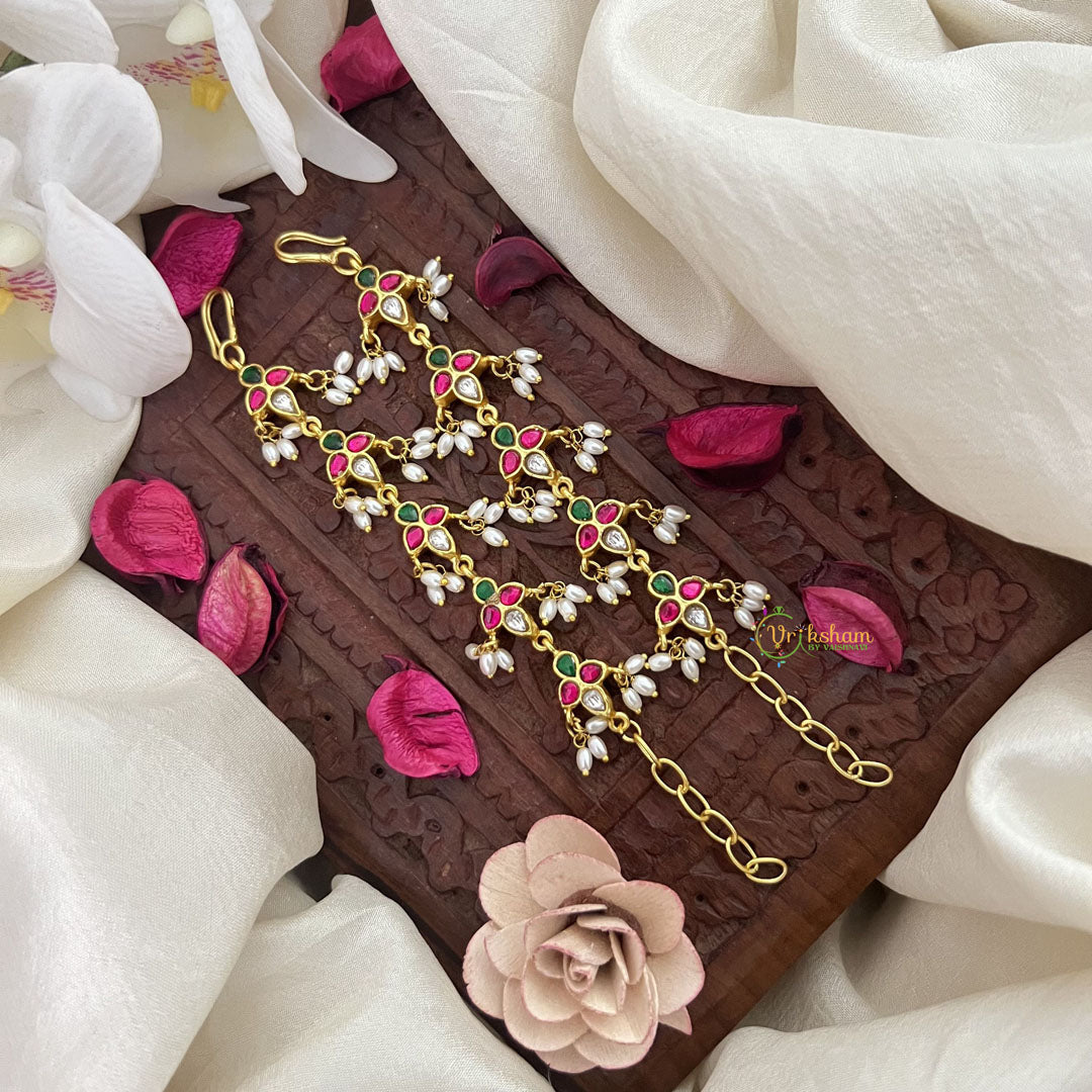 Vriksham Floral Kundan Jadau Single Strand Maatil-Red Green & White-Rice Pearls-J3245