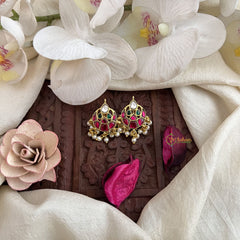 Vriksham Antique Half Circle Pear Drop Style Jadau Press Bugadi-Red Green & White-Pearl-J3564