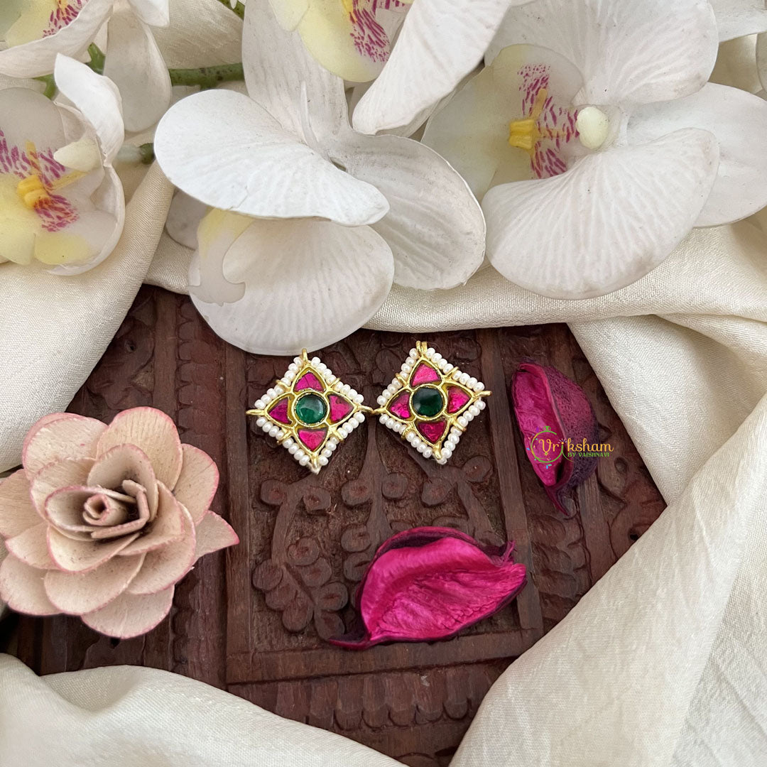 Vriksham Kamalika Lotus With Pearl Kundan Jadau Press Bugadi-Red Green-J3532