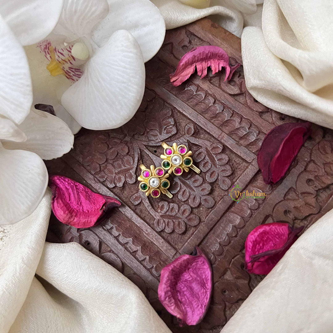 Vriksham Minimalist Round Floral Style Kundan Jadau Press Bugadi-Red Green & White-J3948