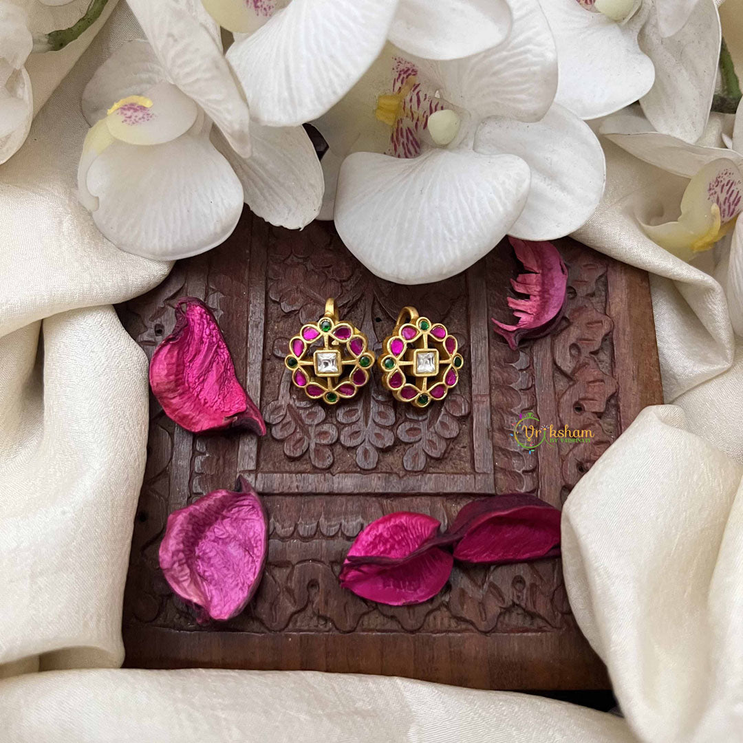 Vriksham Square Gold-Plated Floral Kundan Jadau Press Bugadi-Red Green & White-J3943