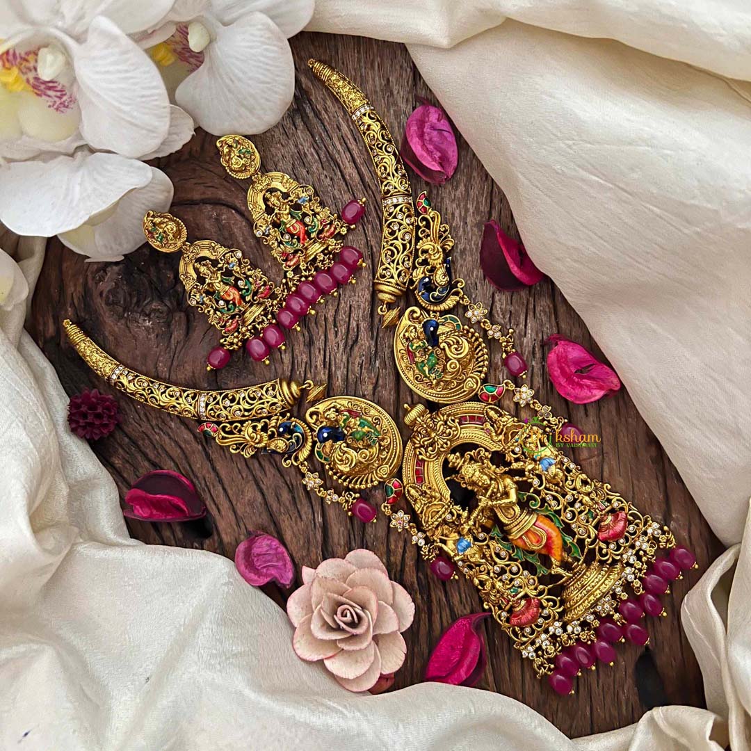 Vriksham Classic Dual Peacock & Lord Krishna Hasli Choker-Red Bead-G21665