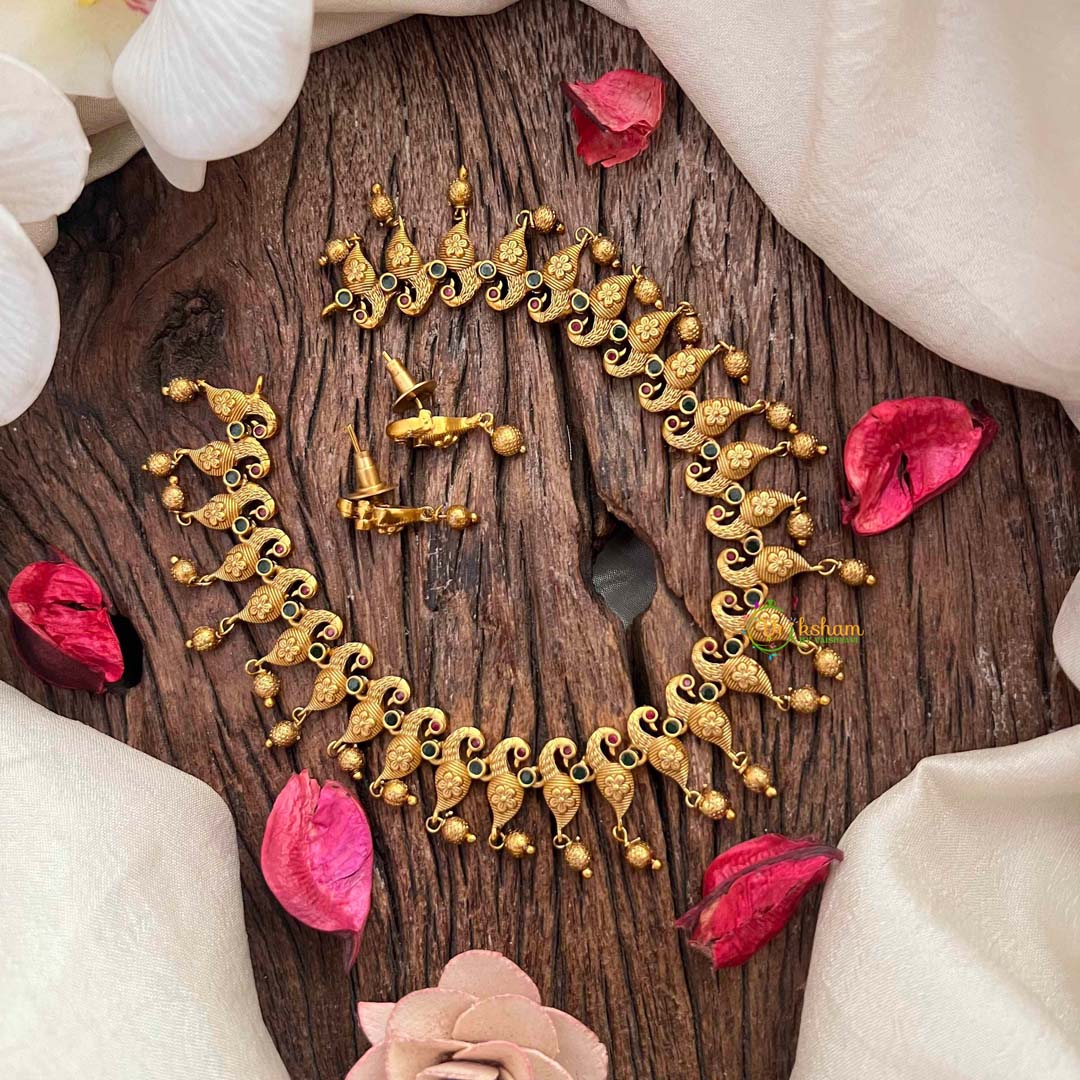 Vriksham Classic Peacock Neckpiece-Red Green-Gold Bead-G21672