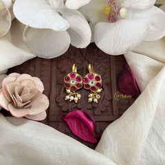 Vriksham Floral Charm Kundan Jadau Press Bugadi-Red White-Pearl-J3534