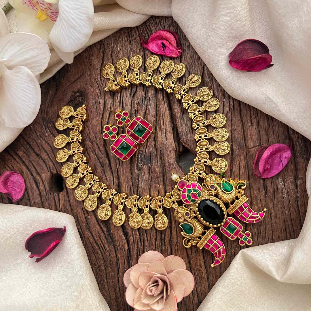 Vriksham Traditional Lakshmi Coin & Peacock Temple Short Neckpiece-J4188