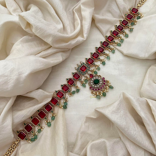 Premium Ruby Red AD Stone Bridal Hip Chain-Aqua Green Bead-G13340