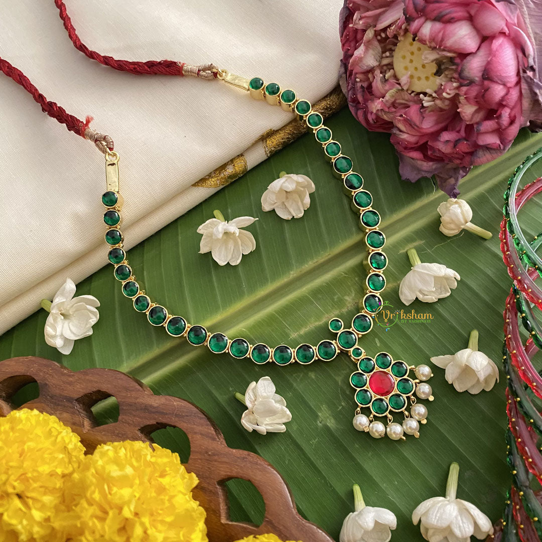 Vriksham Premium Kemp Pendant Short Neckpiece-Pearl-Green-G17540