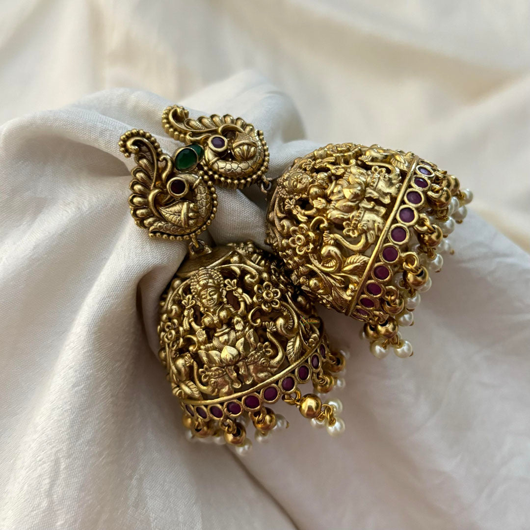 Premium Gold Look Alike Temple Jhumkas-Pearl-G12569