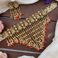 Cluster Pearl Kerala Style Lakshmi High Neck Choker-Coral-G14164