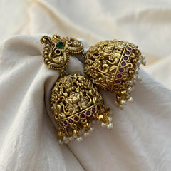 Premium Gold Look Alike Temple Jhumkas-Pearl-G12569