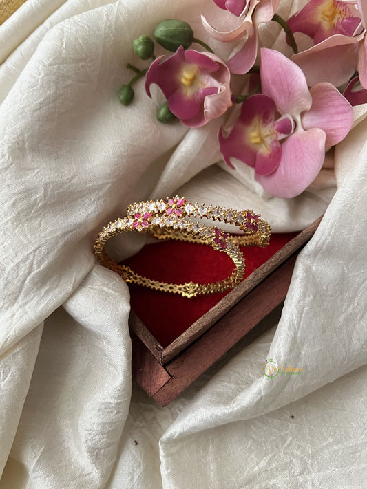 Gold Alike Antique American Diamond Bangle Set - White & Pink - G12012