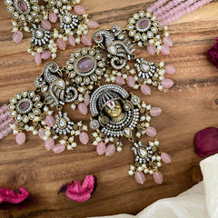 Multilayer Victorian Diamond Balaji Pendant Choker-Baby Pink Beads-VV1475