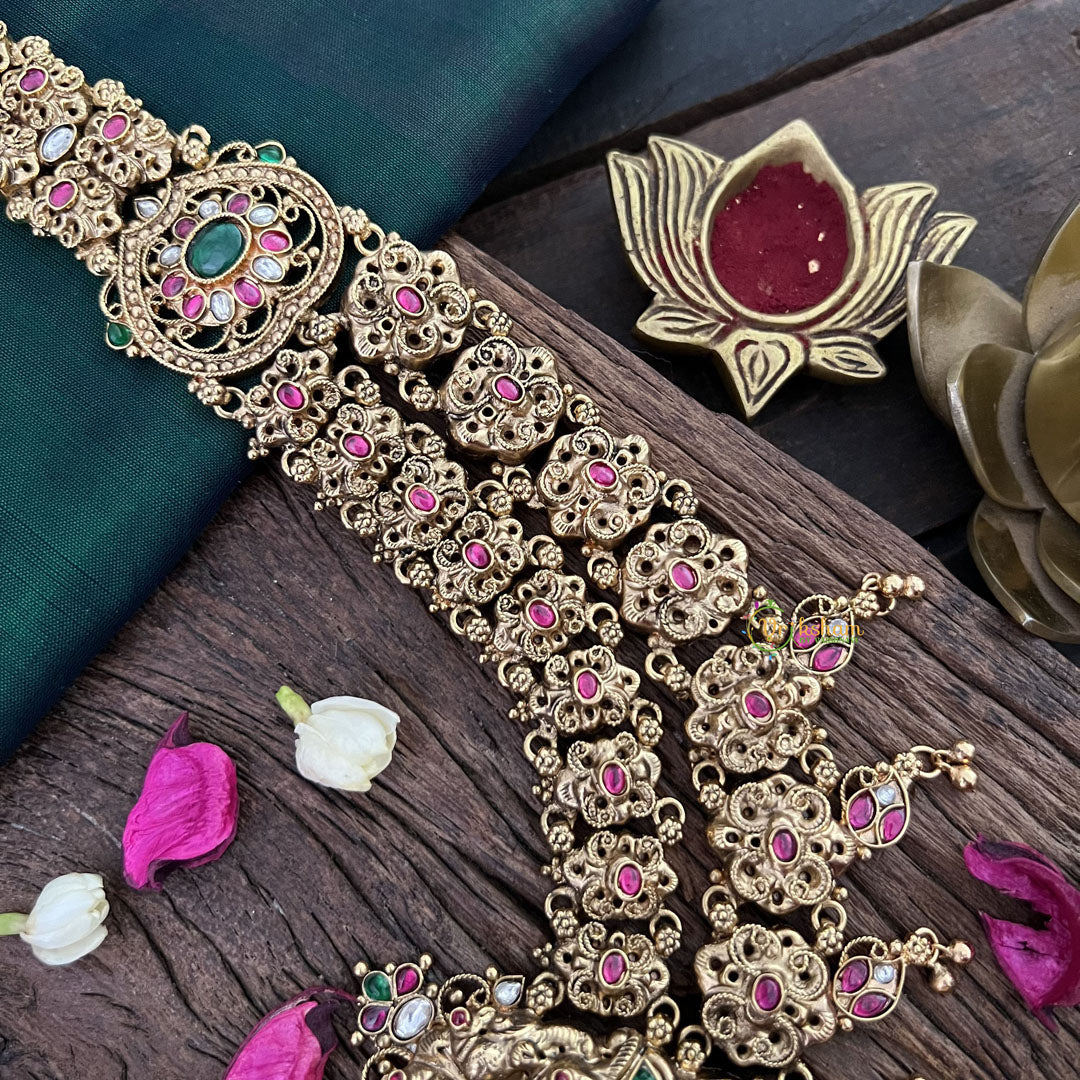 Vriksham Traditional South Indian Temple Jeweiry Haram 1 gm Gold-Green Red & White-G18755