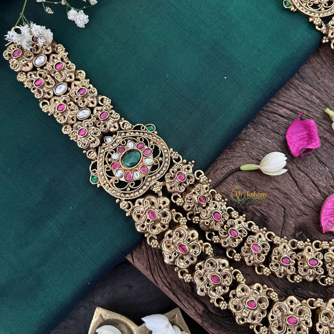 Vriksham Traditional South Indian Temple Jeweiry Haram 1 gm Gold-Green Red & White-G18755