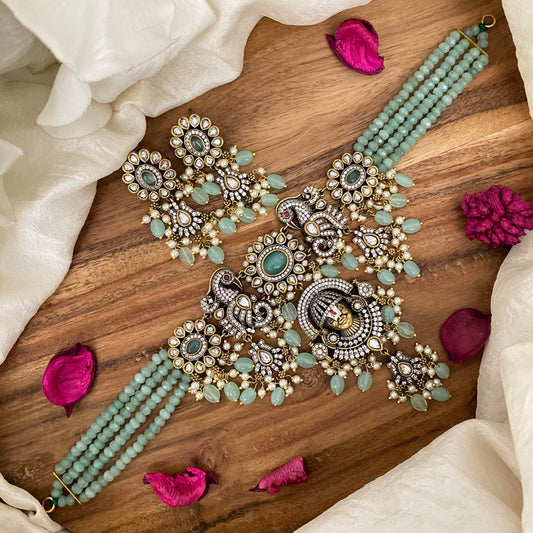 Multilayer Victorian Diamond Balaji Pendant Choker- Aqua Green Beads-VV1477