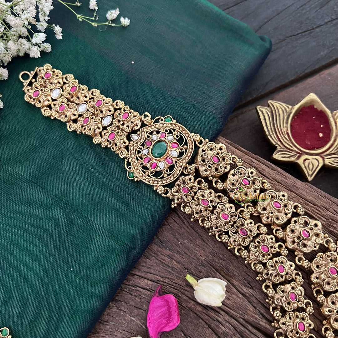 Vriksham Traditional South Indian Temple Jeweiry Haram 1 gm Gold-Green Red & White-G18755