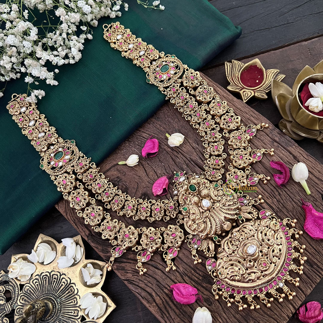 Vriksham Traditional South Indian Temple Jeweiry Haram 1 gm Gold-Green Red & White-G18755