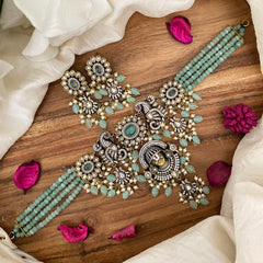 Multilayer Victorian Diamond Balaji Pendant Choker- Aqua Green Beads-VV1477